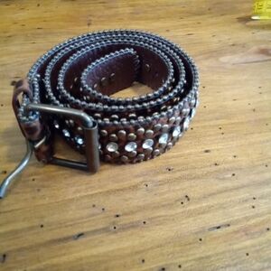 Studded Brown Leopard Print Belt Size S/M 34" w/ Gemstones